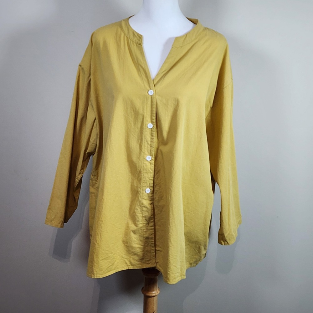 Mustard Button Front Blouse Womens 3XL Yellow Cotton Long Sleeve Tunic Top Artsy